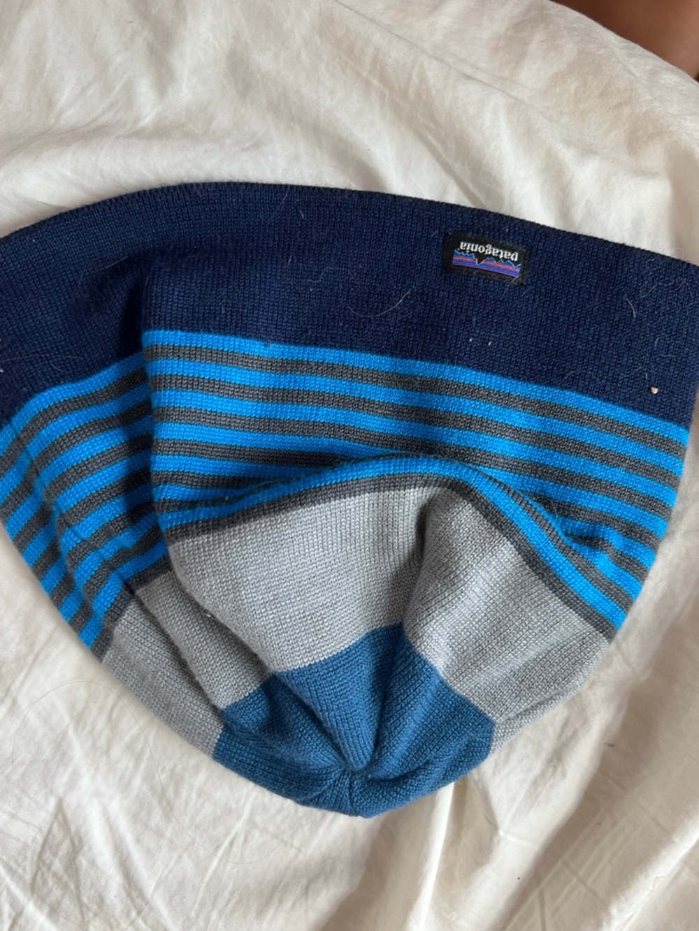 Patagonia Navy, Bright Blue & Gray Striped Knit Beanie